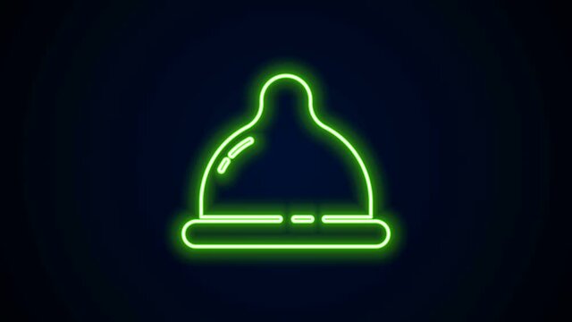 Glowing neon line Condom safe sex icon isolated on black background. Safe love symbol. Contraceptive method for male. 4K Video motion graphic animation.