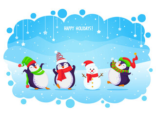 Vector holiday Christmas greeting card with cute cartoon penguins and snowman. Different clothing and santa hats, various poses.
