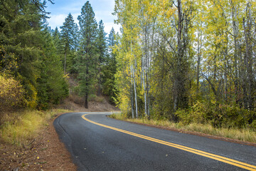 Fototapeta na wymiar Wolf Lodge Road new Coeur d'Alene, Idaho in autumn.