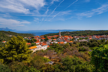 Panoramic view on Selca town near town Sumartin on island Brac. Dalmatia, Croatia, august 2020. Sunny day