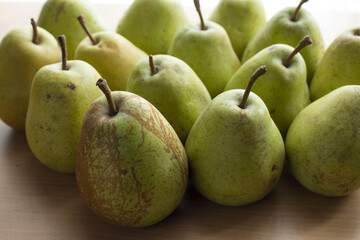Backlit close up of a bunch of bartlett pears on a table top.