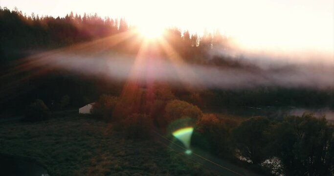 Pacific Northwest Sunrise Over Misty Lake | Aerial View Flying Threw Fog Near Lake