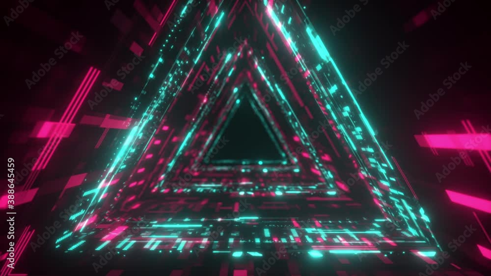 Poster triangle neon tunnel. futuristic interface pattern. glowing hi technology texture. abstract motion b