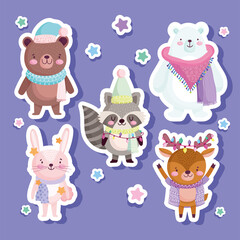 merry christmas, cute bear rabbit reindeet raccoon animal stars, stickers