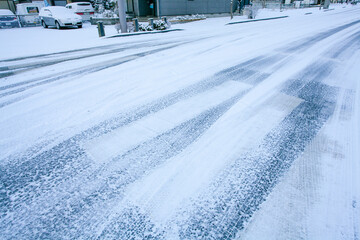 雪が降り積もった平泉駅前の道路