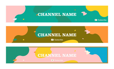 youtube modern trendy streaming service channel banner template set of three in feminine colors. girly lifestyle, social media design elements. social media platform resources. graphic motifs.