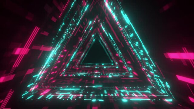 Triangle Neon tunnel. Futuristic interface pattern. Glowing hi technology texture. Abstract motion background. Cyber punk concept. Seamless loop. Pink and blue color. 4K