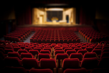 Empty red armchairs of a theater ready for a show - obrazy, fototapety, plakaty