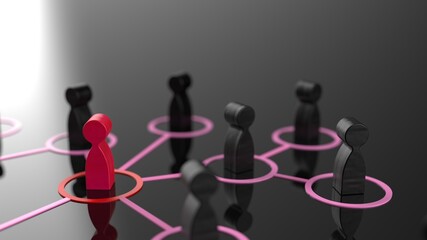 Chain of human figurines connected by pink lines. Cooperation and interaction between people and employees. Dissemination of information in society, rumors. Social contacts. 3D illustration CG.