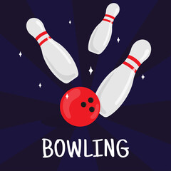 Vector bowling square banner, poster or flyer design template. Isolated on dark blue background