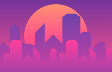 Cool retro futuristic synthwave background cityscape and gigantic pink planet or sun silhouette. Vector flat design on dark sci-fi megalopolis huge skyscrapers
