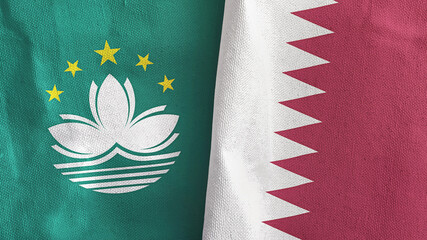 Qatar and Macau two flags textile cloth 3D rendering