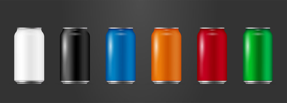 Realistic Aluminium Cans Collection in different colors, Vector 3d illustration, Drink cans Collection, Mockup of can for Brand promotion 