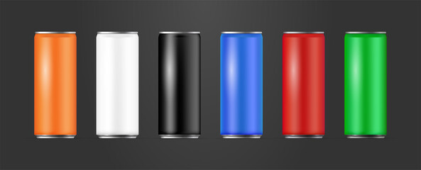 Realistic Aluminium Cans Collection in different colors, Vector 3d illustration, Drink cans Collection, Mockup of can for Brand promotion 