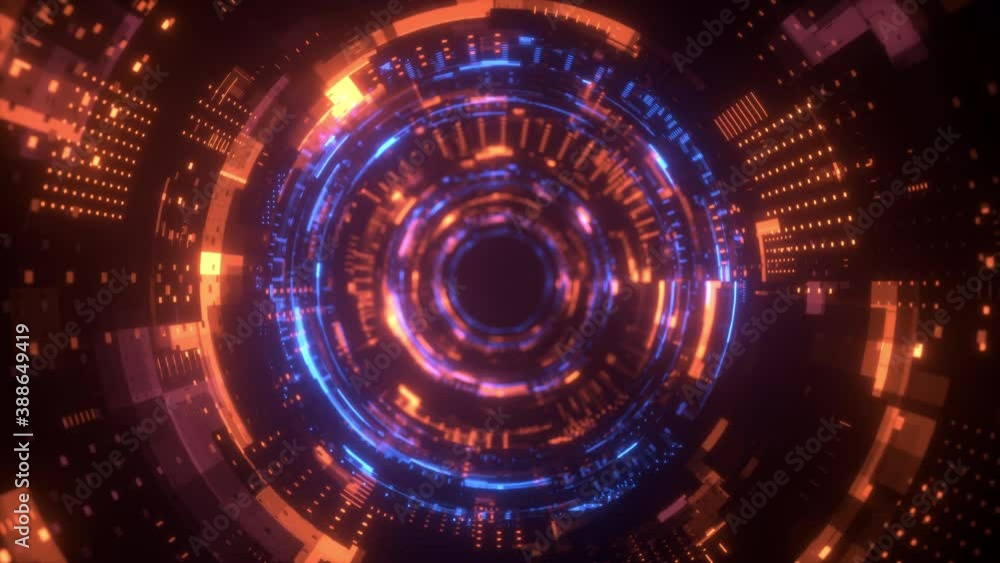 Poster round neon tunnel. futuristic interface pattern. glowing hi technology texture. abstract motion back