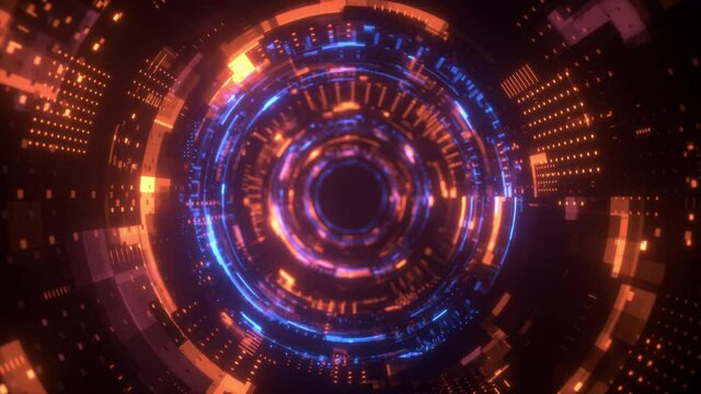 Round Neon tunnel. Futuristic interface pattern. Glowing hi technology texture. Abstract motion background. Cyber punk concept. Seamless loop. Orange and blue color. 4K