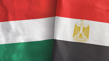 Egypt and Hungary two flags textile cloth 3D rendering