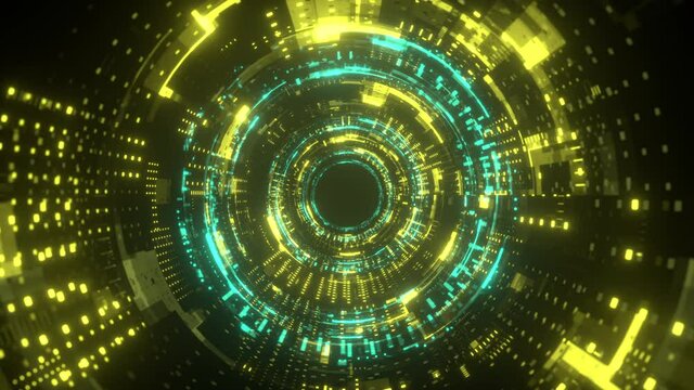 Neon tunnel. Futuristic interface pattern. Glowing hi technology texture. Abstract motion background. Cyber punk concept. Seamless loop. Green and yellow color. 4K