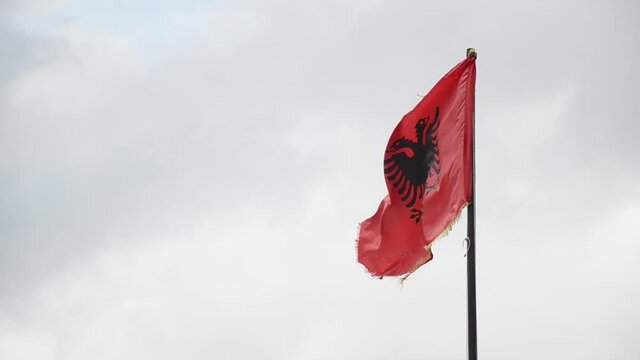 Albanian flag waving in the wind. Albanian national flag flying on a flagpole, against sky. State and national symbol. Shqipëri or Shqipëria. Red flag with black double-headed eagle.  Flamuri Kombëtar