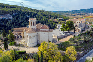 Fototapeta na wymiar Castle and Santa Maria Church located in Sant Marti Sarroca Spain