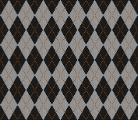 Knitted argyle Halloween pattern. Wool knitinng. Scottish plaid in black and white rhombuses. Traditional  Scottish background of diamonds . Seamless fabric texture. Vector illustration