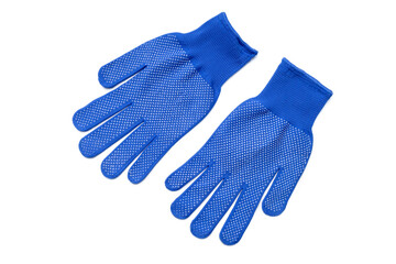 blue textile worker gloves isolated on a white background. above view. studio shot. handyman protective equipment