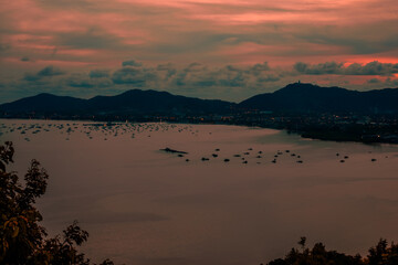 Natural panoramic lakeside nature background, beautiful twilight sunset, blurred meadow wind. Cool weather in the viewpoint or tourist attraction