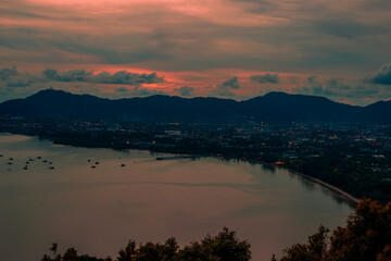 Fototapeta premium Natural panoramic lakeside nature background, beautiful twilight sunset, blurred meadow wind. Cool weather in the viewpoint or tourist attraction