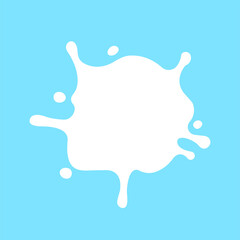 milk splash on light blue for banner background, white milky splatter shape, spill milk for graphic symbol, blot stain of milk splashing