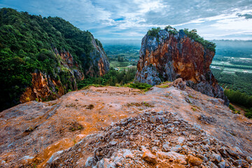 Natural high angle panoramic background With an atmosphere surrounded by mountains and trees, with a blurred wind, cool