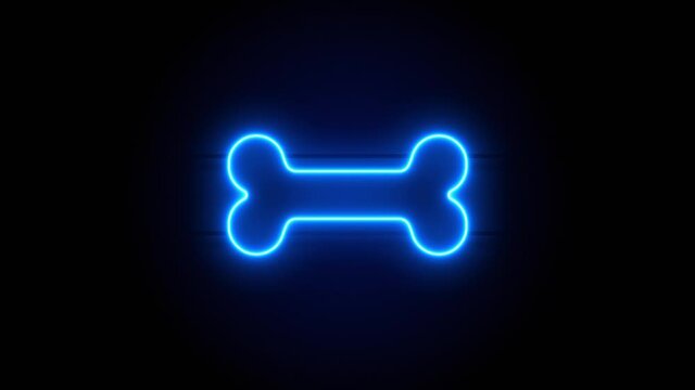Bone neon sign appear in center and disappear after some time. Animated blue neon symbol on black background. Looped animation.