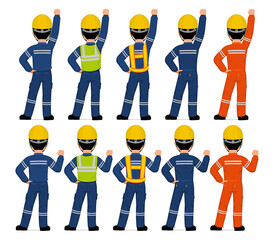 Set of industrial worker raising clench hand on white background