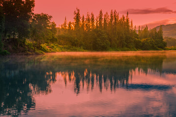 Natural panoramic lakeside nature background, beautiful twilight sunset, blurred meadow wind. Cool weather in the viewpoint or tourist attraction