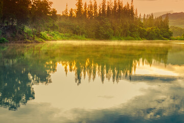 Natural high angle panoramic background With an atmosphere surrounded by mountains and trees, with a blurred wind, cool