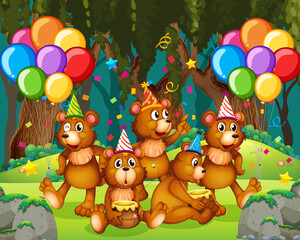 Bear group in party theme cartoon character on forest background