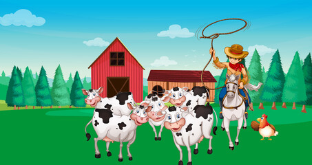 Obraz na płótnie Canvas Farm scene with animal farm cartoon style