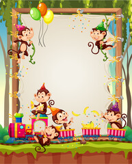 Canvas wooden frame template with monkeys in party theme on forest background