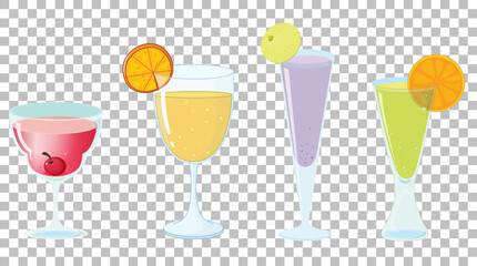 Set of different types of cocktails isolated on transparent background