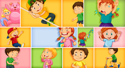 Fototapeta premium Set of different kid characters on different color background