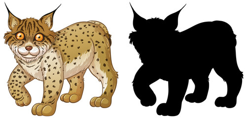 Set of lynx characters and its silhouette on white background