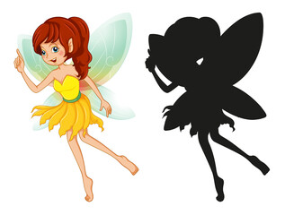 Set of fairy characters and its silhouette on white background