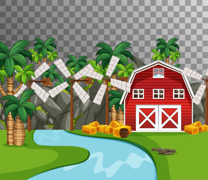 Farm With Red Barn And River Side On Transparent Background