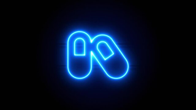 Capsules neon sign appear in center and disappear after some time. Animated blue neon symbol on black background. Looped animation.