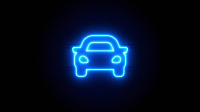 Car neon sign appear in center and disappear after some time. Animated blue neon symbol on black background. Looped animation.