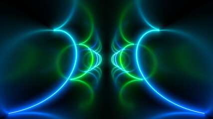 Sci Fy neon lamps in a dark tunnel. Reflections on the floor and walls. 3d rendering image.