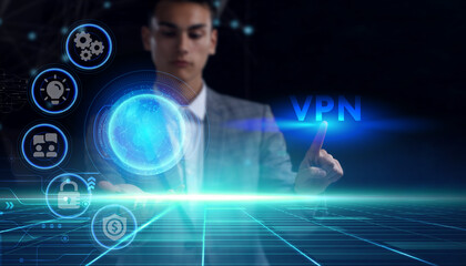 Business, technology, internet and network concept. Young businessman thinks over the steps for successful growth: VPN