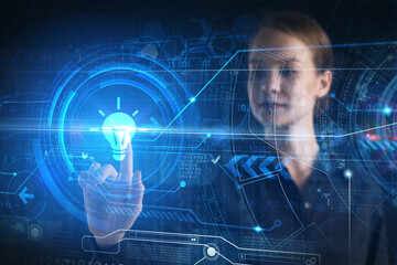 Business, technology, internet and network concept. Young businessman thinks over the steps for...