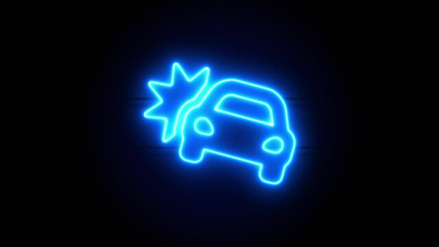 Car Crash neon sign appear in center and disappear after some time. Animated blue neon symbol on black background. Looped animation.