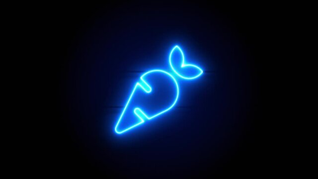 Carrot neon sign appear in center and disappear after some time. Animated blue neon symbol on black background. Looped animation.