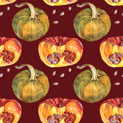Watercolor seamless pattern with autumn vegetable pumpkin and seeds. Art creative nature background for card, wrapping, textile, wallpaper, florist, postcard, poster, notebook